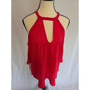 7th Avenue Design Studio Red Cold Shoulder Cutout Neck Tie Back Blouse Top Sze L